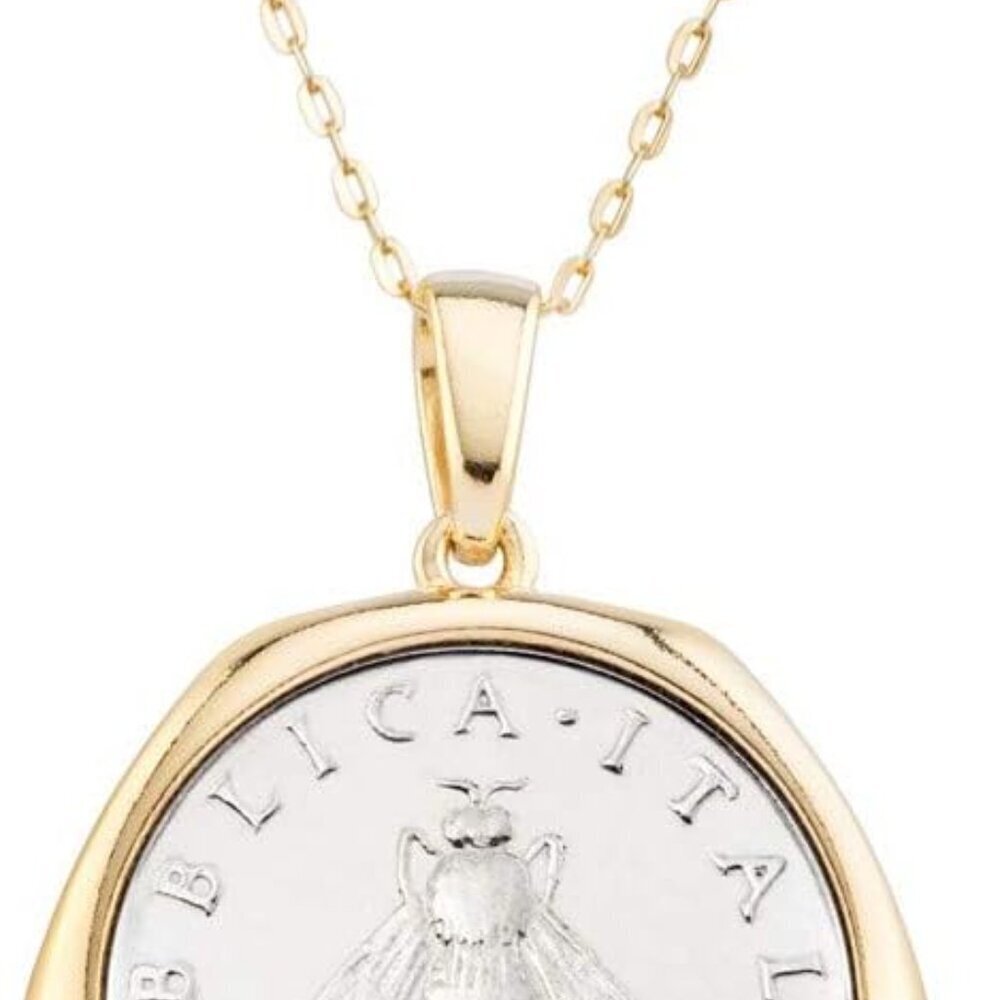 Sterling Silver Gold Plated 2-Lira Bee Coin Necklace Women 18 Inch Chain